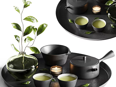 Elegant Black Tea Set with Teapot Teacups Trays Green Leaves Candles and Plant Vase 3d model