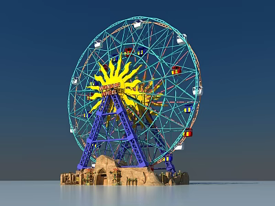 Amusement Park Ferris Wheel With Blue Frame Yellow Sun Design Red Cabins And Rock Base 3d model