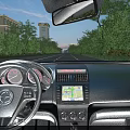 Car Interior With Steering Wheel Dashboard Navigation Screen And Road View Through Windshield