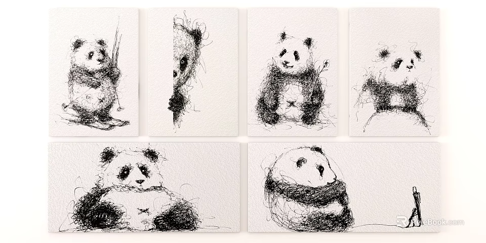 Panda Animal Line Art Drawings With Various Cute Sitting And Hugging Poses 3d model 