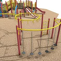 Colorful Playground Equipment With Slides Steps Yellow Railings And Tree Decorations