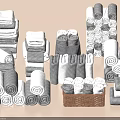 Neatly Arranged Gray And White Towels Stacked And Rolled In Basket