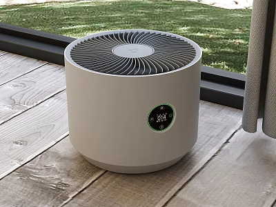 White Circular Air Purifier With Digital Display On Wooden Floor Near Window 3d model