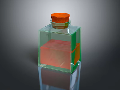 Transparent Square Glass Bottle With Orange Cap And Red Liquid On Dark Background With Reflection 3d model