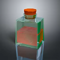 Transparent Square Glass Bottle With Orange Cap And Red Liquid On Dark Background With Reflection