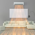 Living Room With Light Colored Sofa Air Conditioner Green Light Floor Lamp And Green Plant