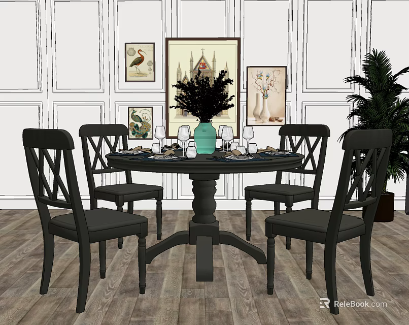 Classic Dining Table Set With Black Chairs Wooden Floor And Wall Art Decorations 3d model 