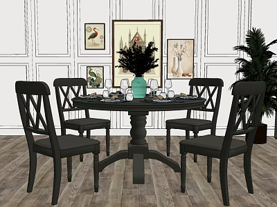 Classic Dining Table Set With Black Chairs Wooden Floor And Wall Art Decorations 3d model