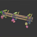 Industrial Equipment With Wooden Frame Horizontal Beams And Multiple Hanging Metal Parts