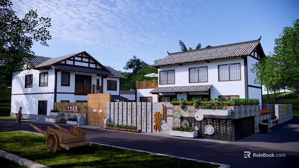 Traditional Chinese Architecture With White Walls Black Roofs Stone Walls And Wooden Cart 3d model 