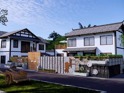 Traditional Chinese Architecture With White Walls Black Roofs Stone Walls And Wooden Cart 3d model