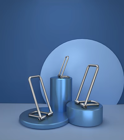 Metal Hardware Tools U Shaped Frame on Blue Cylindrical Stands with Large Circular Decoration 3d model