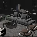 Elegant Gray Sofa and Round Coffee Table Set with Armchairs Rug Plant and Decorative Books