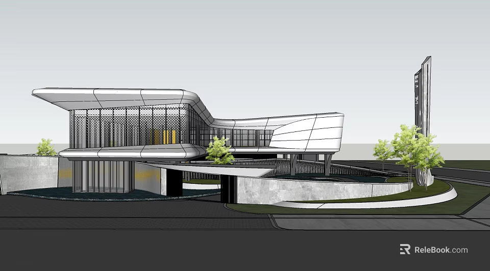 Modern Sales Office Building With Curved Glass Facade And Landscape Design 3d model