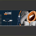 ACME Exhibition Booth Display With Blue Background Orange Accents White Furniture And Man