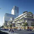 Modern High Rise Office Building With Glass Curtain Wall Illuminated Night View And Trees Sidewalks