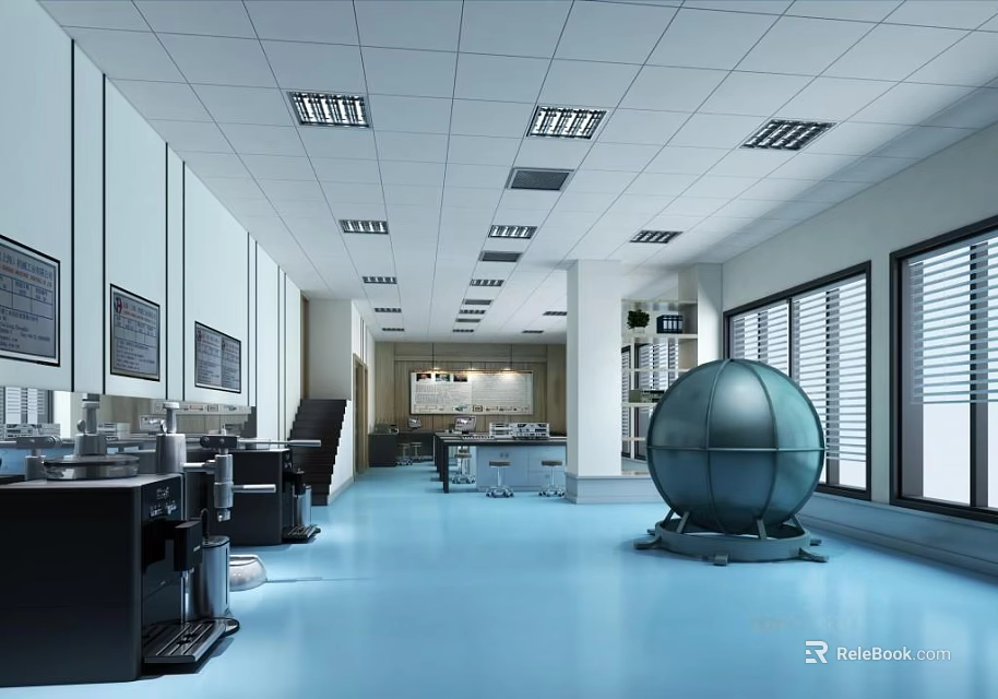 Modern Laboratory Interior With Blue Floor White Ceiling Windows Blinds Lighting And Spherical Device 3d model