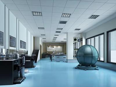 Modern Laboratory Interior With Blue Floor White Ceiling Windows Blinds Lighting And Spherical Device 3d model