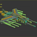 Sci Fi Spaceship Model With Multiple Cannons Orange Blue Details Wings And Engines 3d model