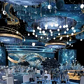Elegant Banquet Hall With Starry Ceiling Blue Gold Decor And Hanging Lights