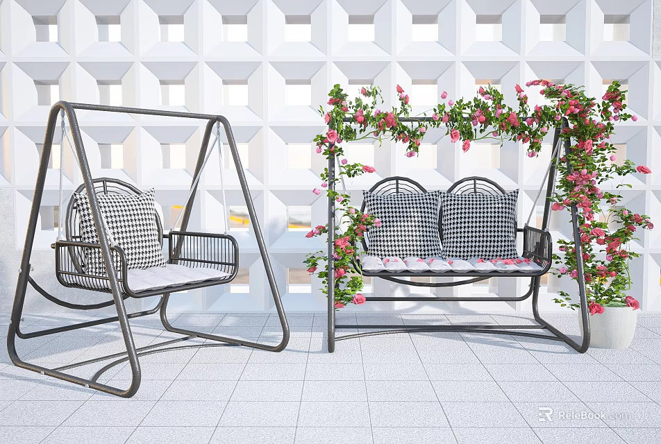Outdoor Swing Chair With Metal Frame Checkered Cushions And Floral Vines In Patio 3d model 