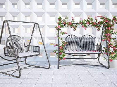 Outdoor Swing Chair With Metal Frame Checkered Cushions And Floral Vines In Patio 3d model