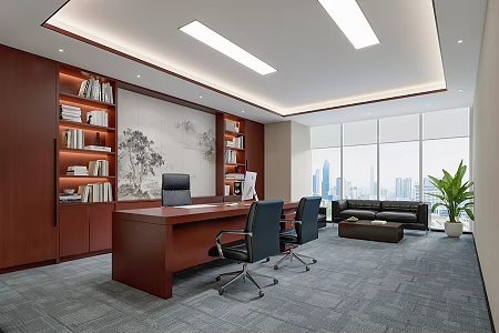 Chairman's office desk sofa coffee table bookcase 3d model