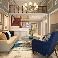 Stylish Living And Dining Room Interior With Chandelier Beige Sofa Blue Armchair Round Coffee Table