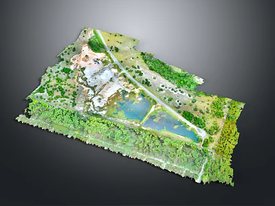 Natural Scenic Landscape Aerial View With Lush Trees Vegetation Lake Grass And Paths 3d model
