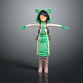 3D Character Wearing Frog Ears Hat Green Dress Backpack And Brown Boots With Outstretched Arms