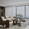 Modern Open Concept Dining and Living Room Interior With Sofa Coffee Table and Floor-to-Ceiling Windows