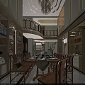 Elegant Solid Wood Dining Table With Chairs Chandelier And Bookshelf Decorations