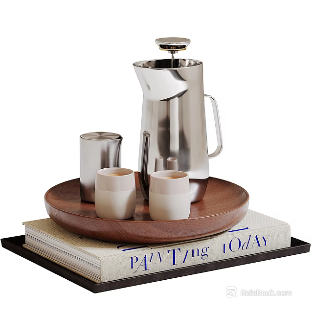 Stainless Steel Coffee Pot With Wooden Tray And Ceramic Cups On Books 3d model 