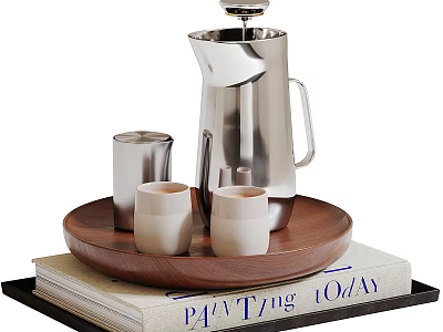 Stainless Steel Coffee Pot With Wooden Tray And Ceramic Cups On Books 3d model
