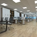 Public Office Space Interior with Company Logo Fish Tank Desks Chairs and Wooden Flooring