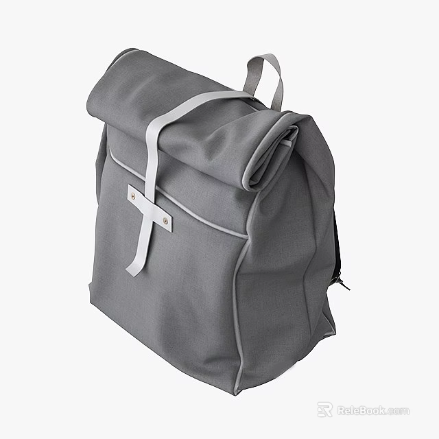 Gray Fabric Backpack With Roll Top Design White Straps And Metal Buckle 3d model 