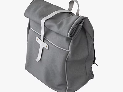 Gray Fabric Backpack With Roll Top Design White Straps And Metal Buckle 3d model