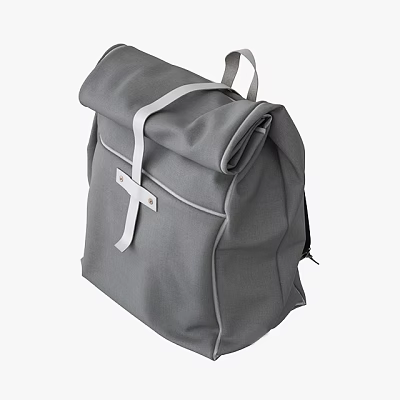 Gray Fabric Backpack With Roll Top Design White Straps And Metal Buckle 3d model