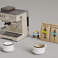Coffee Machine Display With Light Dark Roast Bags Coffee Cups And Small Jar