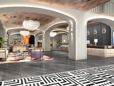 Luxury Modern Hotel Lobby Interior With Chandelier Sofa Seating Geometric Rug And Decorative Columns 3d model