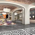 Luxury Modern Hotel Lobby Interior With Chandelier Sofa Seating Geometric Rug And Decorative Columns