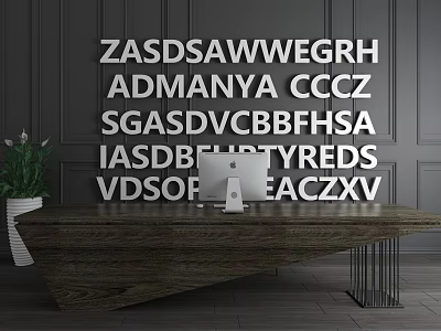 Wooden Reception Desk With Computer And Green Plant By Dark Wall With White Letter Decor 3d model
