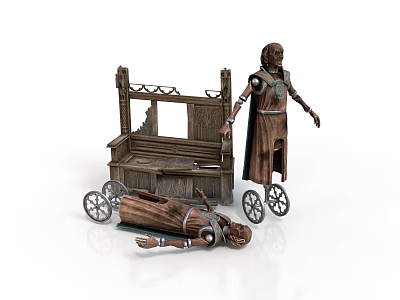 Antique Wooden Cart With Wheels Standing Ancient Clothed Figure And Lying Model On Ground 3d model