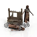 Antique Wooden Cart With Wheels Standing Ancient Clothed Figure And Lying Model On Ground
