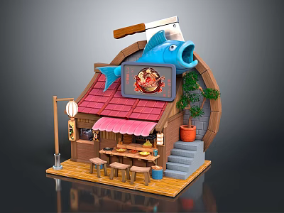 Cartoon Scene of Japanese Restaurant with Red Roof Blue Fish Decoration Signboard Tables Stools Lantern 3d model