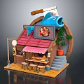 Cartoon Scene of Japanese Restaurant with Red Roof Blue Fish Decoration Signboard Tables Stools Lantern