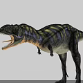 Striped Blue And Yellow Reptile Dinosaur With Open Mouth Standing On Black Background