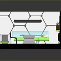 Cartoon Room Interior With Hexagonal Wall Pattern Green Bed Table And Furniture