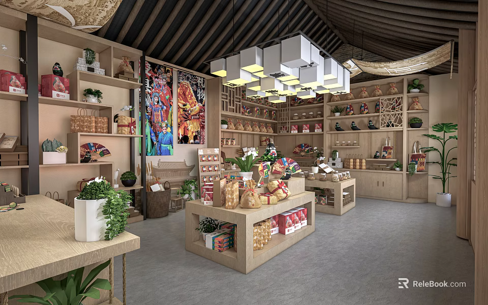 Traditional Craft Store Interior With Wooden Shelves Colorful Paintings And Potted Plants 3d model 