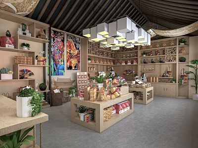 Traditional Craft Store Interior With Wooden Shelves Colorful Paintings And Potted Plants 3d model